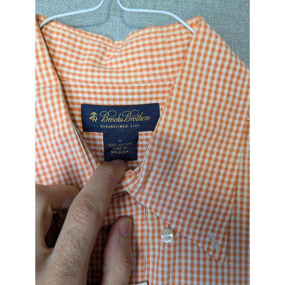 Brooks Brothers Button Down Shirt Mens Medium Orange Gingham Cotton SS - Picture 2 of 7